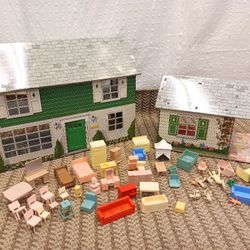 Marx Tin Litho Dollhouse with Breezeway plus tons of hard to find Accessories 
