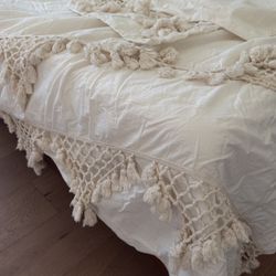 Tufted Tassel Duvet Cover And 2 Pillow Cases Cream Boho Bedding 