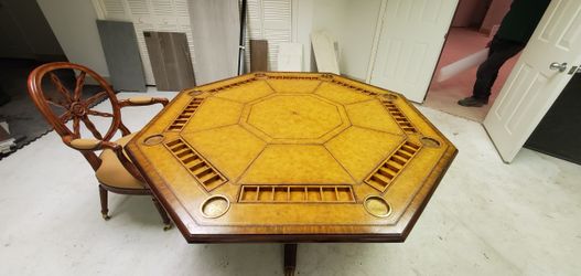 Leather and Wood Bound Poker/Gaming Table with 8 Chairs