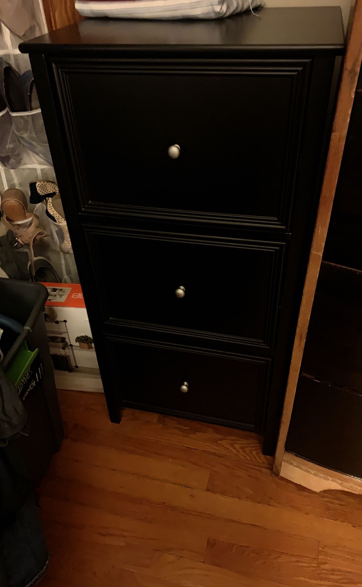 Black wooden three drawer file cabinet