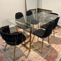 Gold Glass Dining Table Set For 6 People With Velvet Chairs