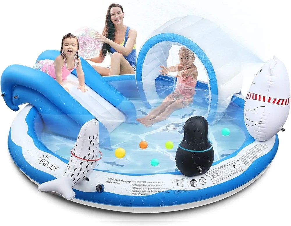 Inflatable Play Center Kiddie Pool with Slide, Sprinkler, Ice & Snow Theme with Inflatable Dolls, Easy Setup for Garden, Backyard