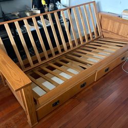 Solid Oak Mission-Style Futon Frame with Storage Drawers 