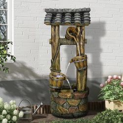 48” Tall 4-Tier Resin Wishing Well Water Fountain, Rustic Outdoor Garden Decor Fountain with LED Lights for Lawn