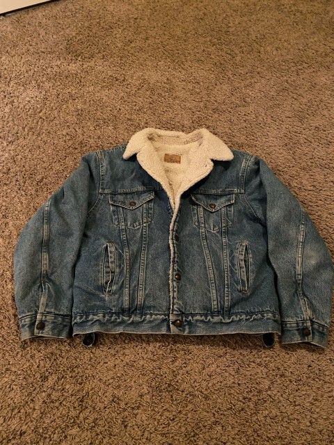 Vintage Plain Pockets Sherpa Fleece Lined Snap Blue Jean Denim Jacket