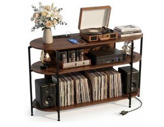 Vinyl Record Player Stand with Power Outlets, 43.3" Mid Century Turntable Stand Console Table, 3-Tier Arc Record Table Holder Shelf with Vinyl Storage