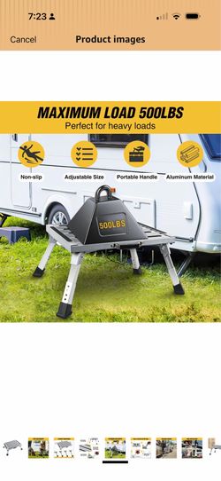 RV Step Stool Aluminum Folding Platform Steps 19x14.5 RV Steps 4 Levels Adjustable Step Stool with Anti-Slip Surface Rubber Feet Handle Supports Up to