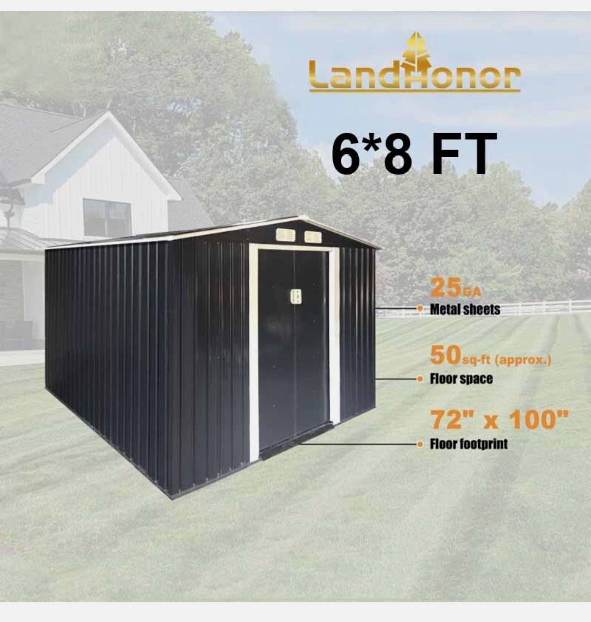 Landhonor 6*8 ft Outdoor Metal Storage Shed Galvanized Apex Roof Metal House New