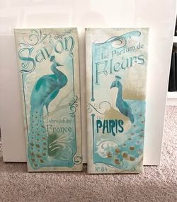 Aqua Blue French Themed Prints on Stretched Canvas | Wall Art