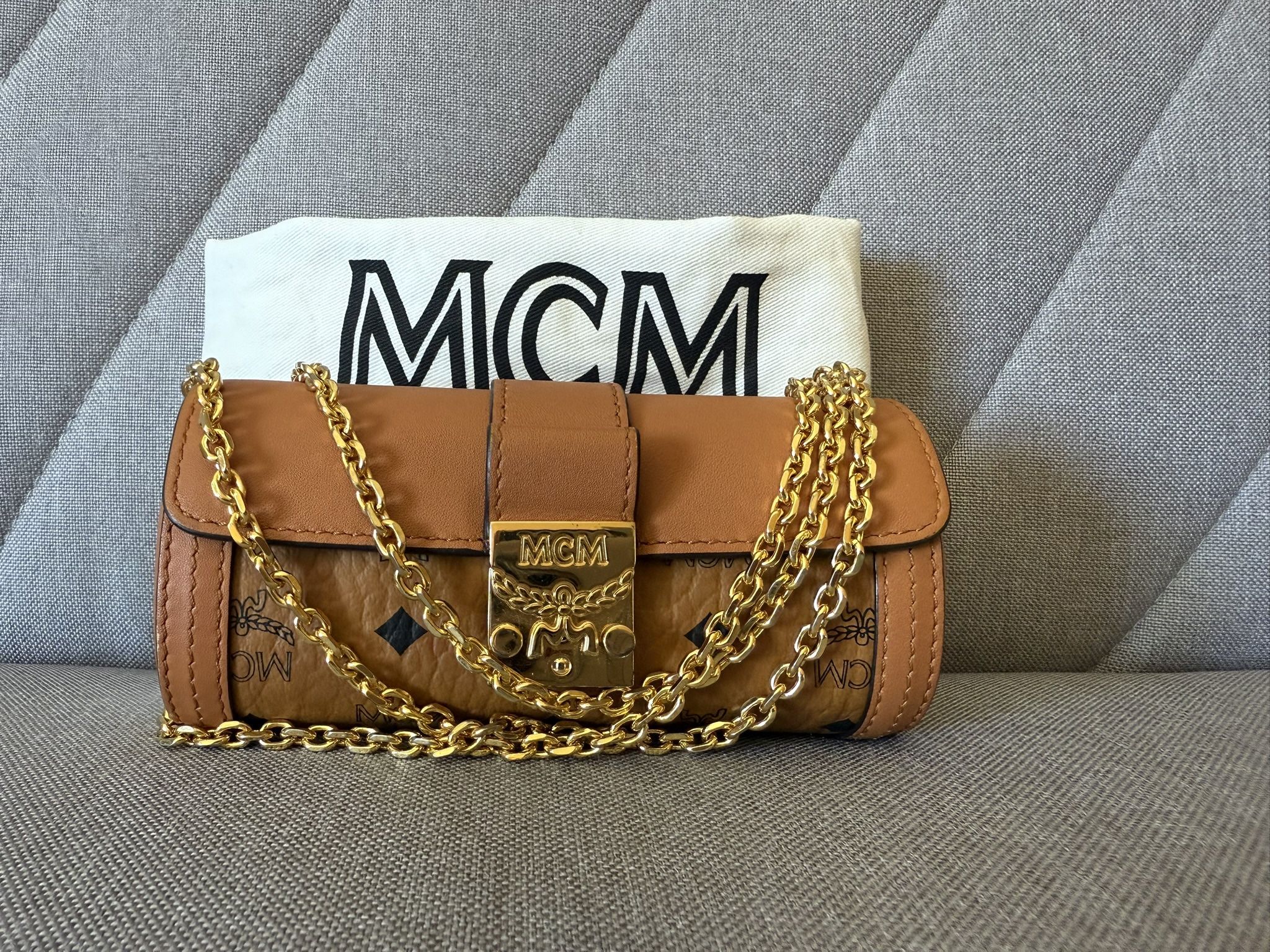 Auth MCM Cognac Coated Visetos Barrel Shoulder Crossbody Bag Made in Korea