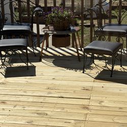 Patio/Deck Furniture Table Umbrella 4 Chairs and Two Chairs With Footrest. All Wrought Iron 