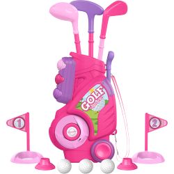 Kids Plastic Golf Set with Retractable Cart  Clubs - Pink