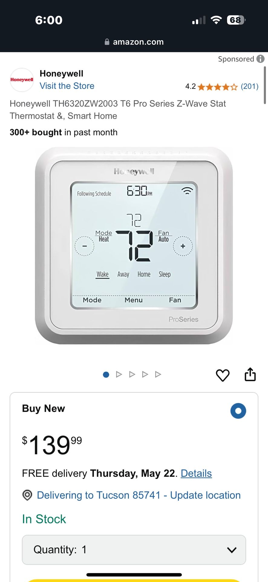 Honeywell T6 Pro Series Z-Wave Smart thermostat