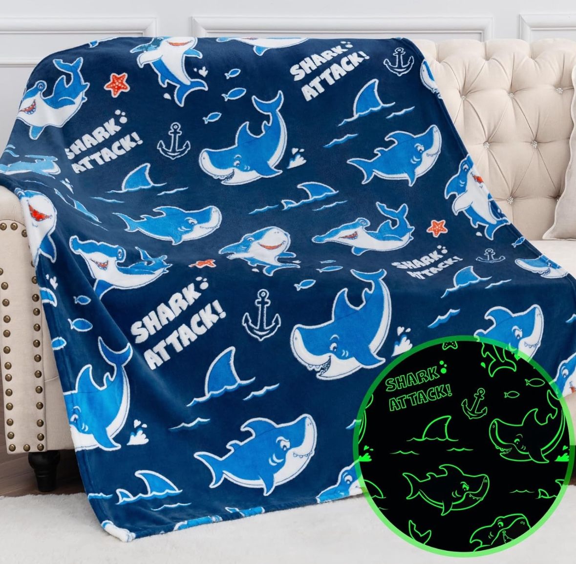 New Glow in The Dark Sharks Throw Blanket