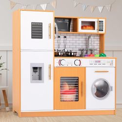 Kitchen for Kids, Wooden Chef Pretend Toy Kitchen w/Washing Machine, Water Dispenser, Stove, Real Sound & Light, Telephone, Range Hood, Oven, Sink for