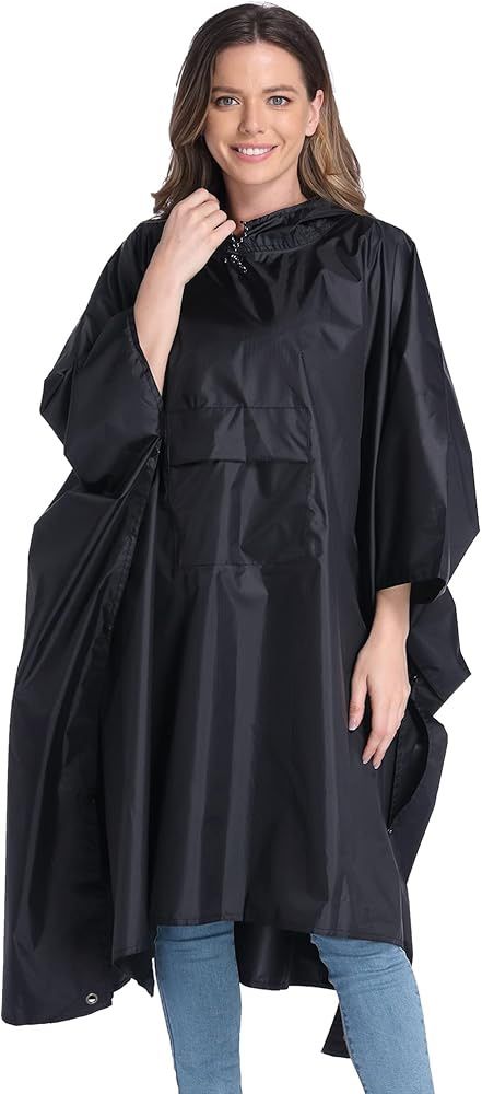 Rain Poncho Waterproof Raincoat Jacket for Adults w/ Hood for Men & Women Black