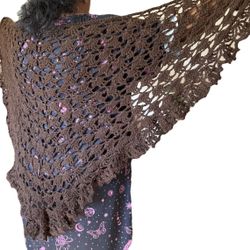 Brown shimmer BRIDAL crochet LACY KNIT scarf PRAYER shawl triangle WRAP SHELLS