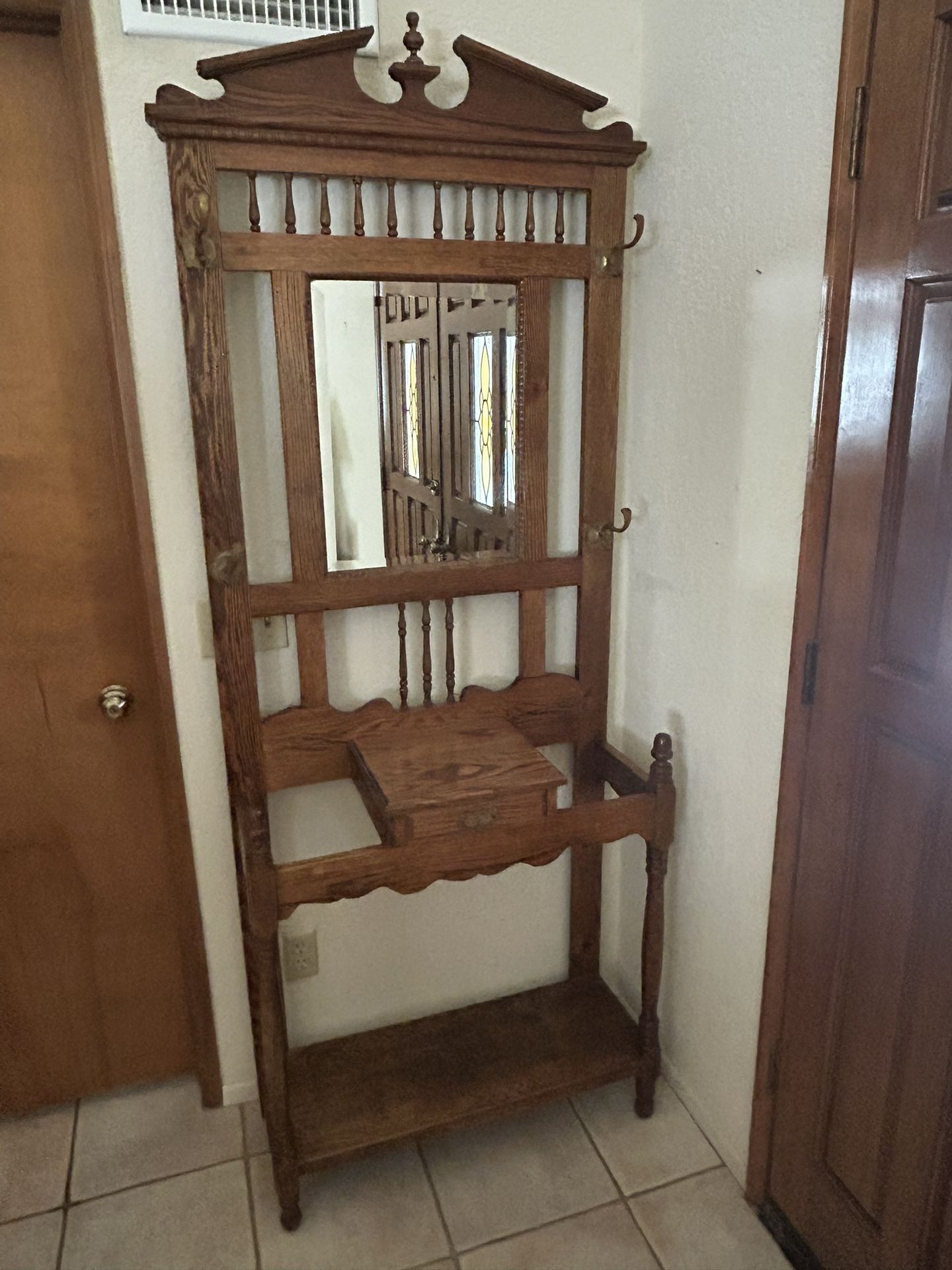 Antique Oak Hall Tree with Mirror & Drawer – Victorian Revival Style