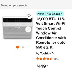 Toshiba 12,000 Btu Air Conditioner Wi-Fi Smart $325
