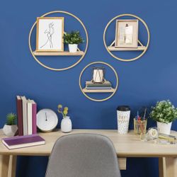 Set of 3 Gold Metal Round Wall Shelf OBO