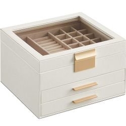 Songmics Jewelry Box With Glass Lid, 3 Layer Jewelry Organizer, 2 Drawers, Jewelry Storage, Lots Of Storage, Cloud White and Gold