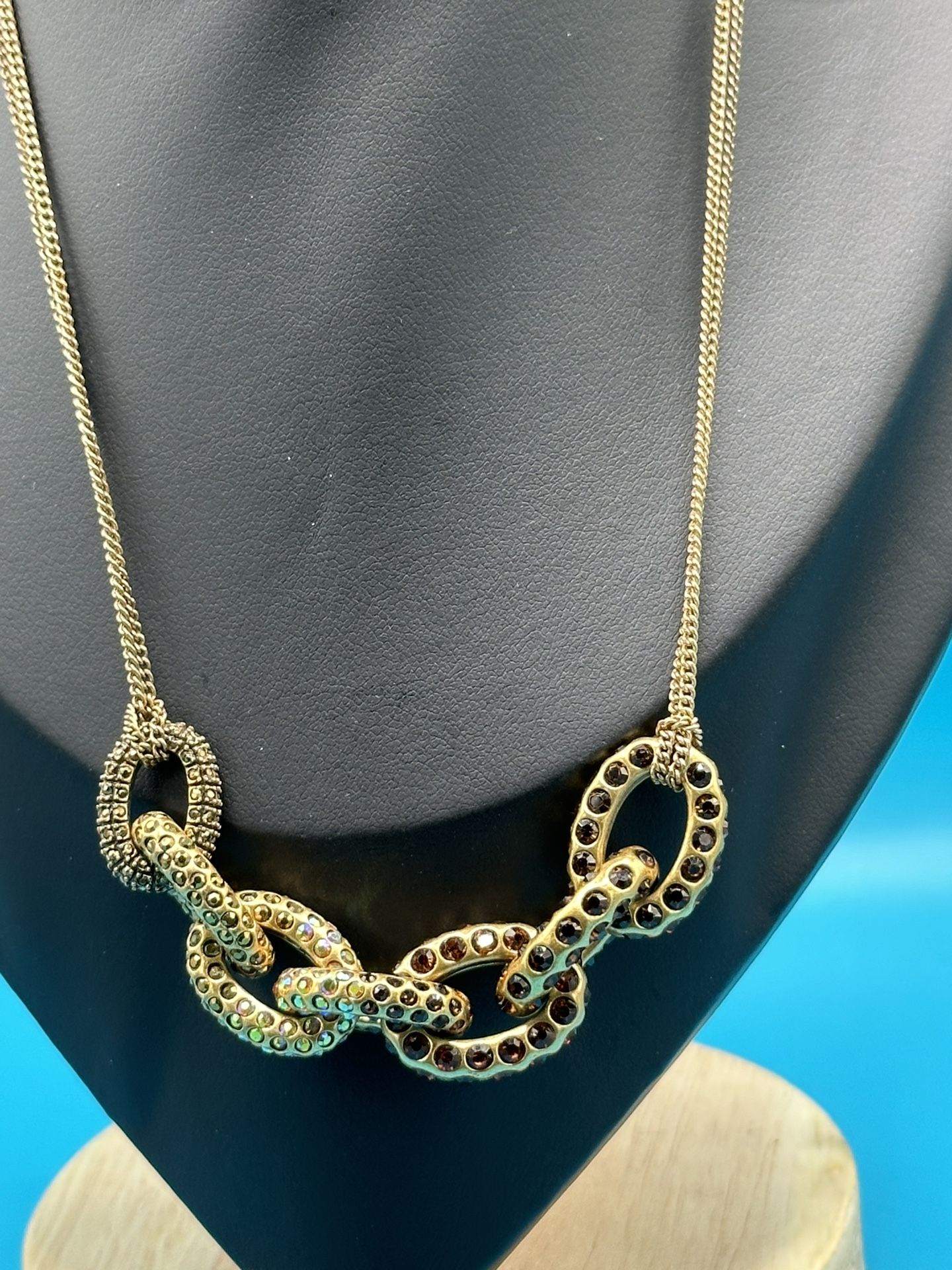 J Crew Gold Tone Multicolored Rhinestones Oval Links Necklace 2 Strands 20” Long With 2” Extension