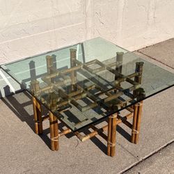 McGuire Mid Century Geometric Rattan, Brass And Glass Coffee Table