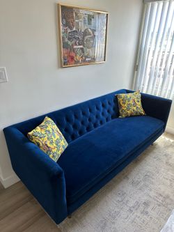 Midcentury Modern Blue Velvet Upholstered Sofa / Couch 77”