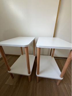 Set of 2 Modern White & Wood Nightstands / End Tables (2-Tier)