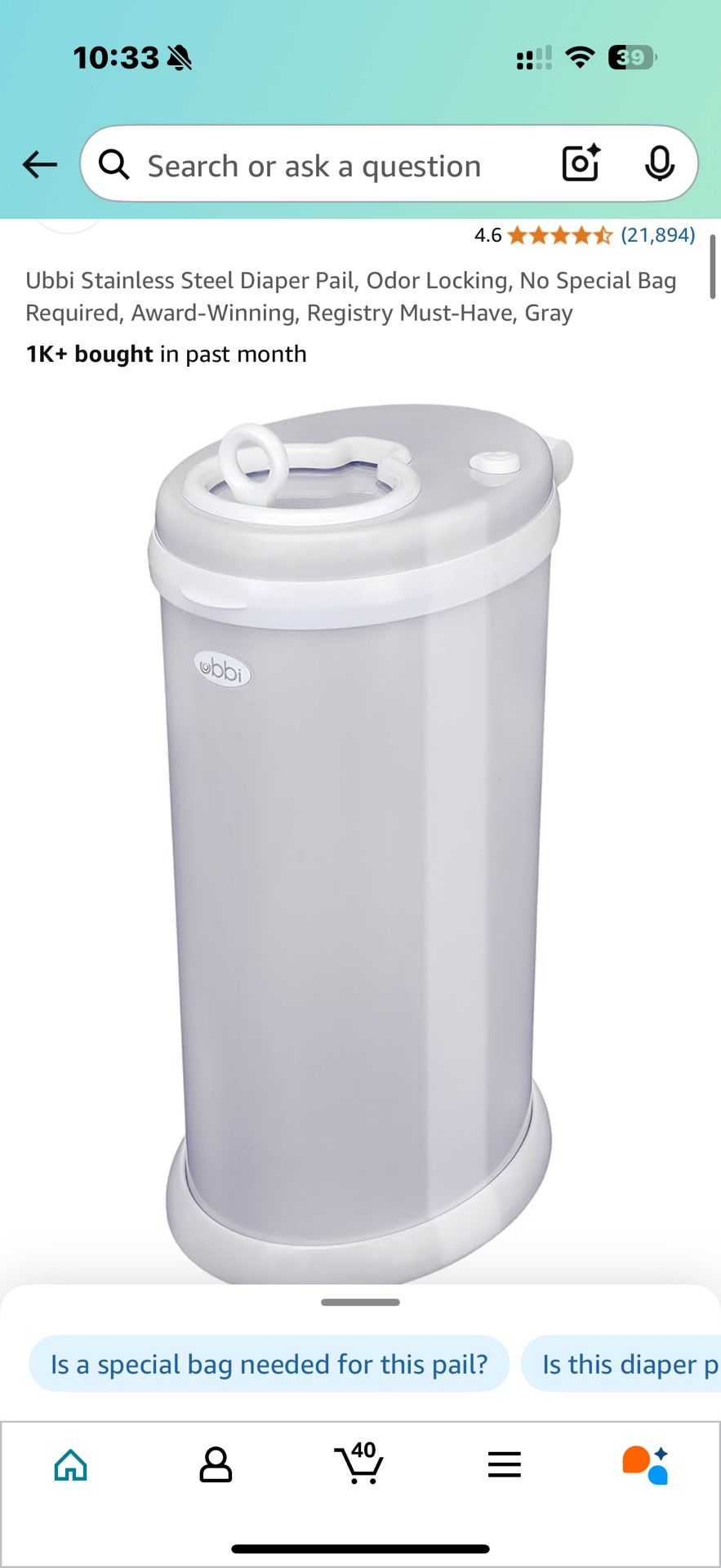 Ubbi Stainless Steel Diaper Pail, Odor Locking, No Special Bag Required, Award-Winning, Registry Must-Have, Gray