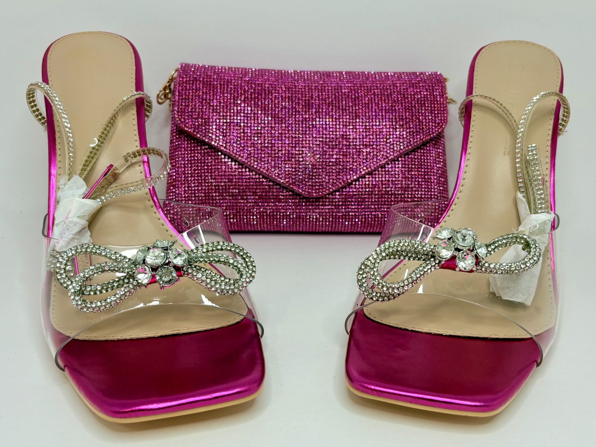 Women Size US 11 Wild Diva Square Toe Rhinestone Straps & Bow Clear Vamp High Heels & Rhinestone Clutch Purse