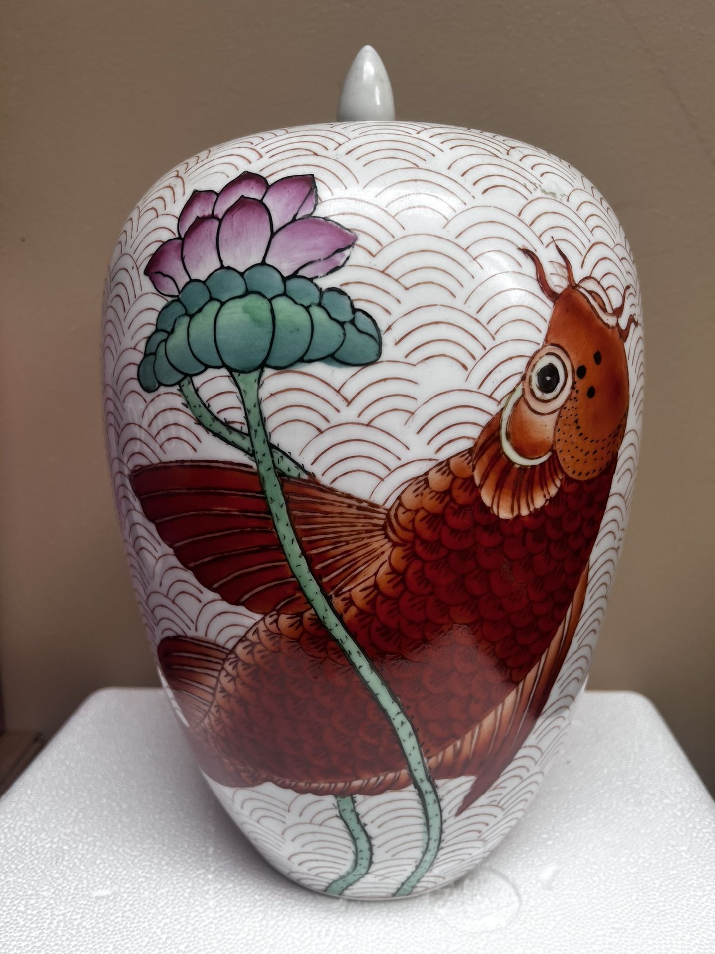 Antique Chinese Ginger Jar Porcelain (hand painted Koi and Lotus)