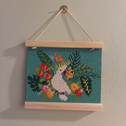 Diamond Art Completed Wall Hanging White Cockatoo Bird Tropical Flowers Framed