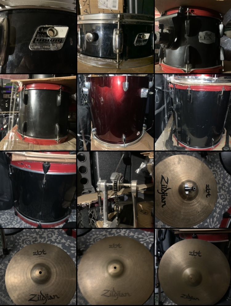 Complete Used Drum Set, Snare, Small Tom, Medium Tom, 2 Big Toms, Kick Drum, All Cymbals, High Hats, All Stands .