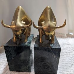 Vintage 1950s Brass Bull Bookends On Green Marble