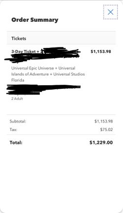 2 tickets to Orlando Fl Universal Stidios