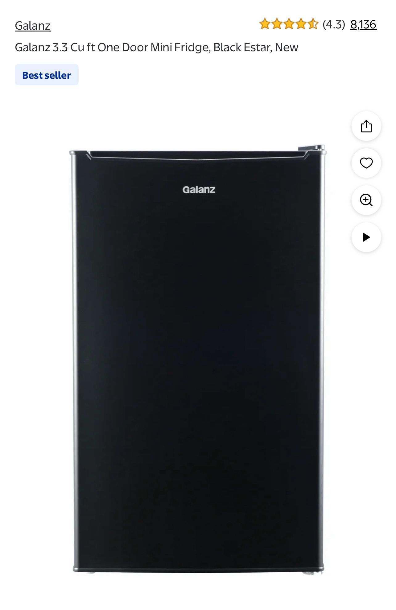 Galanz 3.3 Cu ft One Door Mini Fridge