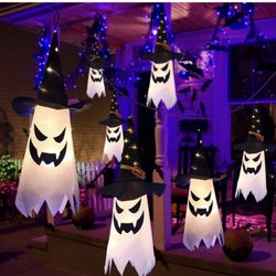 Halloween Decorations, Outdoor Decor Hanging Lighted Glowing Ghost with Witch Hat, 3 PCS Halloween Outdoor Indoor Wind Sock Ornaments for Yard Tree Ga