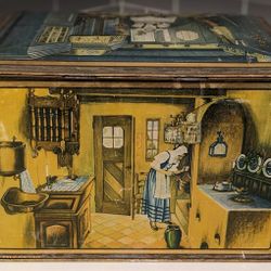 19th Century Global Kitchen Scenes Hinged Box Biscuit Tin.