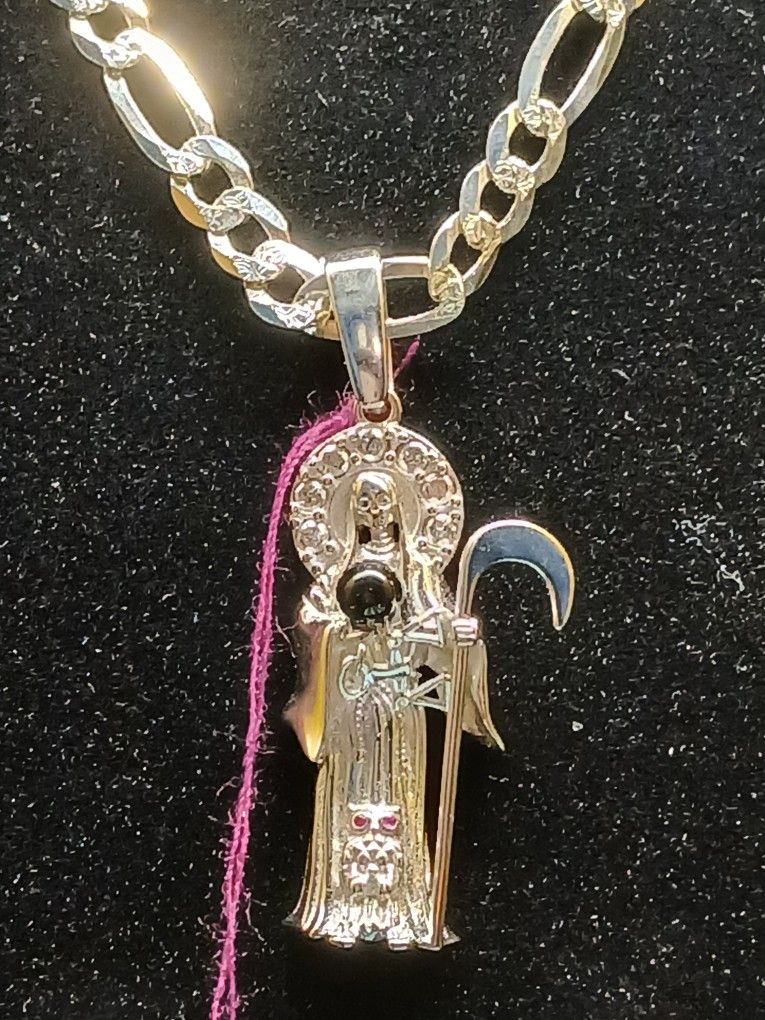 925 Silver Diamond Cut Figaro With Santa Muerte Pendant