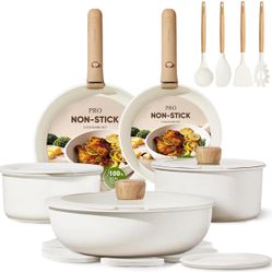 19 PCS Nonstick Cookware Set Pots Pans Induction Dishwasher Oven Safe Detachable CREAM WHITE