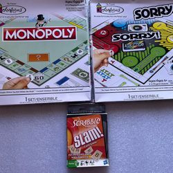 3 New -Family/Christmas/Travel Holiday Games- Scrabble Slam, Monopoly And Sorry