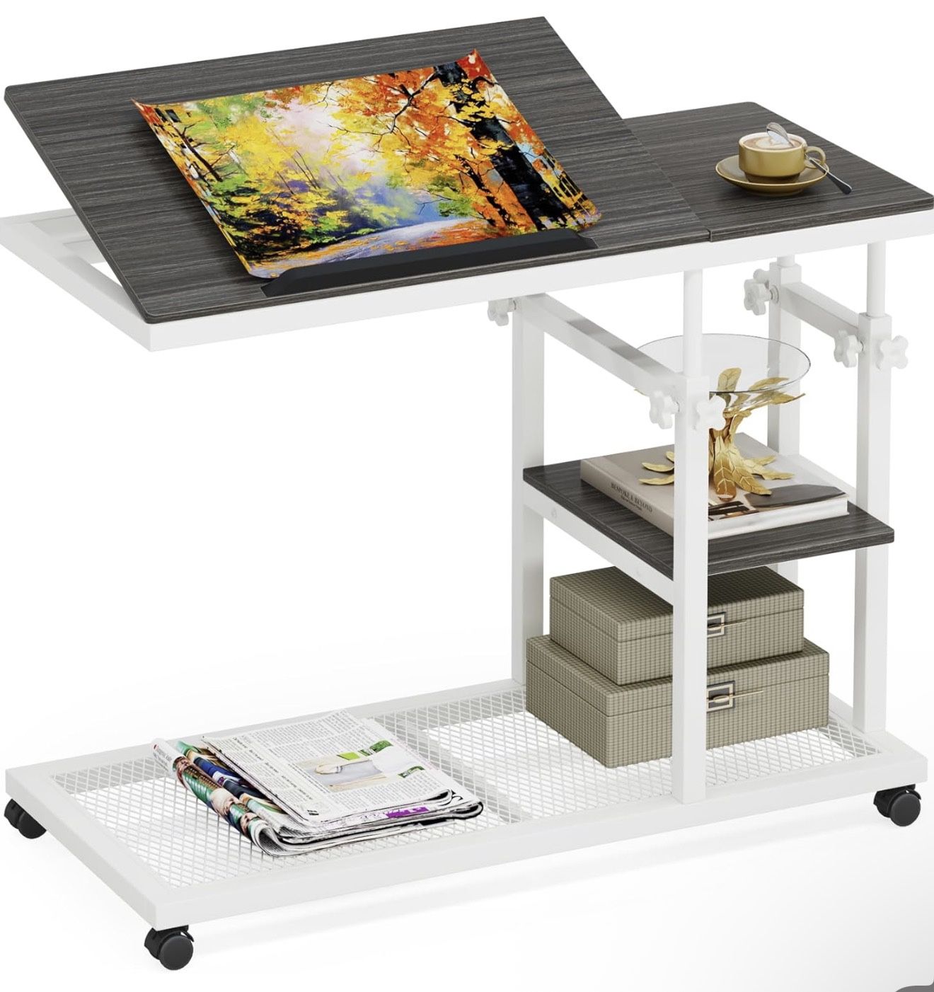 Tribesigns Height Adjustable C Table with Wheels, Mobile Couch Snack Side Table with Tiltable Drawing Board, Sofa Bedside Laptop Stand C Shaped TV Tra