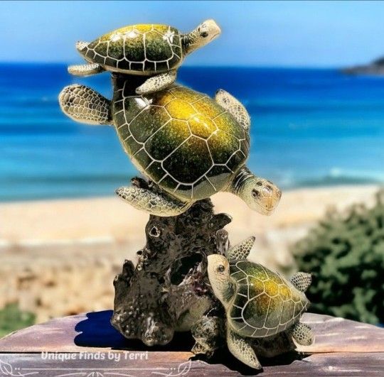 SALE! Brand New! 9 1/2" Green Sea Turtle Family Sculpture Coastal Nautical | SHIPPING IS AVAILABLE