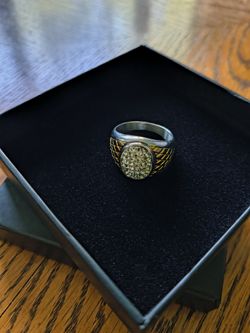 Men’s 24K Gold Plated Stainless Steel Ring Size 10 CZ Crystal Inlay – Excellent