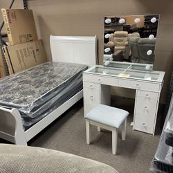 NEW TWIN BED & MATTRESS WHITE $279 / NEW VANITY SET $399