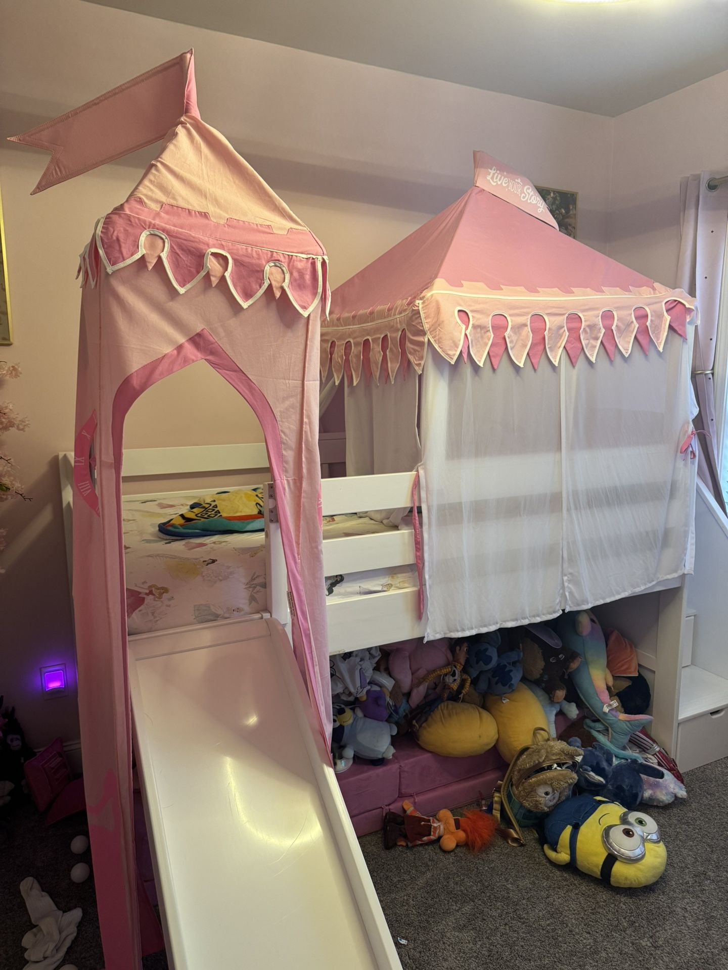 Disney Princess Fairytale White Twin Step Loft Bed With Slide And Tower