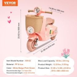Kids Ride On Motorcycle, 6V Battery Powered Electric Motorcycle Trike with Speed Up to 2mph, Headlight, LED Light, Music, Bluetooth, Basket, 3 Wheel R