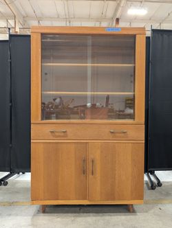 Vintage Oak China Cabinet with Sliding Glass Doors