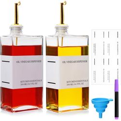 Glass Olive Oil Dispenser Bottle for Kitchen, 16oz Oil and Vinegar Dispenser Set with Stainless Steel Pourers, Square Soy Sauce Coffee Syrup B